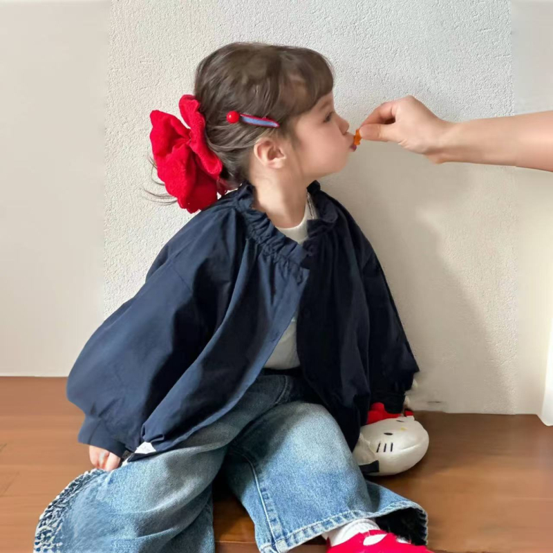 Dječja jakna za vjetar za djevojčice, stojeći ovratnik, dugi rukavi, jesen, koreanskog stila, srednje duljine, bez podstave, glavna tkanina: acetat vlakno, 100% poliester, zatvaranje preko glave.