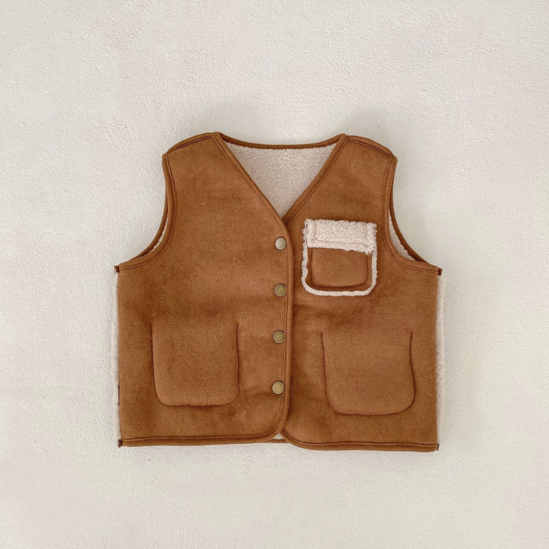 Dječja zimska vest, casual stil, otvoreni prednji dio, debeli poliesterski materijal s poliester podstavom, zatvaranje jednim redom gumba, za uzrast 1–3 godine