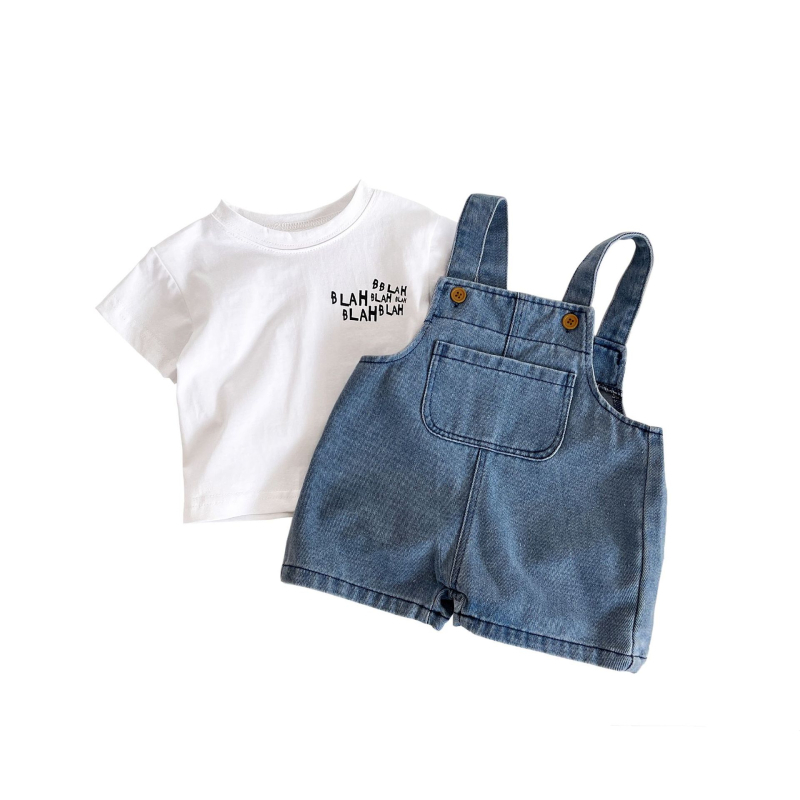 Kūdikių džininis komplektas su šortais ir petnešėlėmis - Korėjos stiliaus, 95% medvilnė, raidžių raštas, pavasaris 2025, unisex