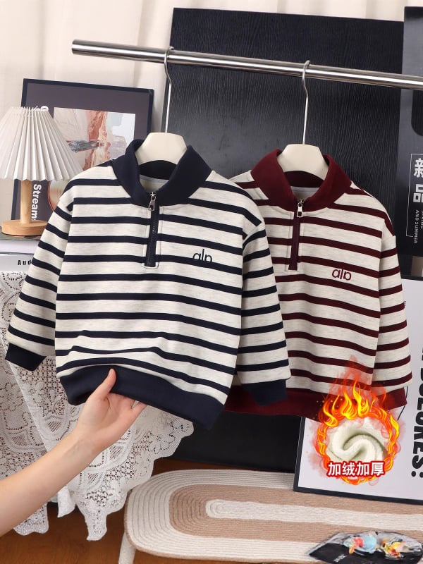 Dječja prugasta fleece duksa s zipom, unisex, dugi rukavi, pamukasto-mješavina, za jesen i zimu