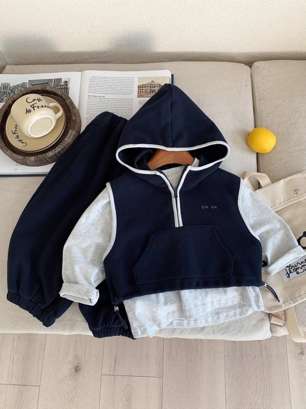Dječji jesenski 2-djelni set, korejski stil, unisex, pamuk 95%, meka obrada, kapuljača, dugi rukavi i dugi hlače