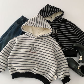 Dječja duksa s kapuljačom od fleecea, prugasti uzorak, dugi rukavi, korejski stil