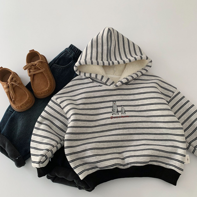Dječja duksa s kapuljačom od fleecea, prugasti uzorak, dugi rukavi, korejski stil
