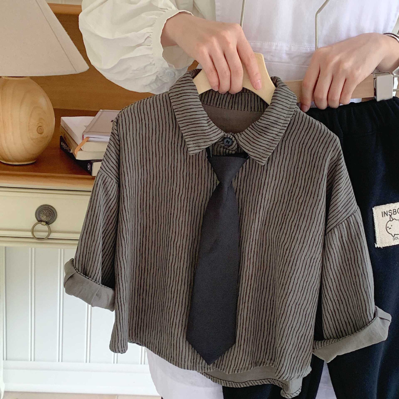 Dječji dvodijelni komplet: prugasta košulja s dugim rukavima i hlače, korejski Mori retro stil, pamuk 90%.