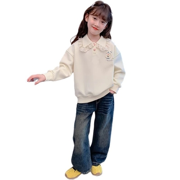 Dječji hoodie bez kapuljače, s cvjetnim rubom i otiskom crtića/slova, dugi rukavi