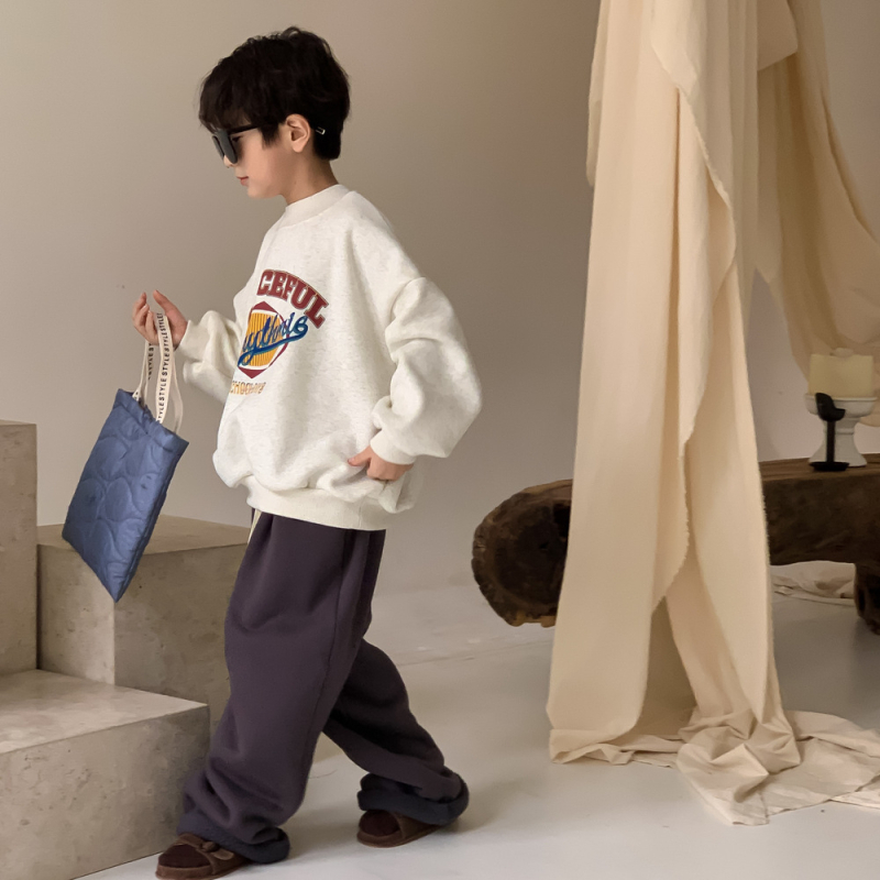 Dječji fleece pulover bez kapuljače, unisex, debeo, okrugli vrat, dugi rukav, otisak crtića i slova