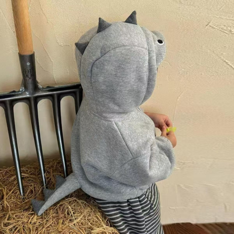 Dječji komplet s kapuljačom s dinosaurom, korejska verzija, prugasti i jednobojni uzorak, pamuk s flis podstavom, za dob 3–8 godina
