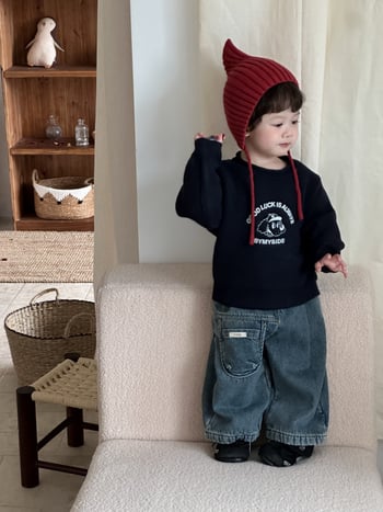 Dječji dvodijelni zimski set u korejskom stilu s prugastim pamučnim puloverom i trapericama