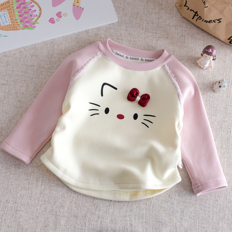 Tüdrukute pikkade käistega T-särk sügis-talveks, soe fleece-vooder, mitmekülgne disain; 95% puuvill