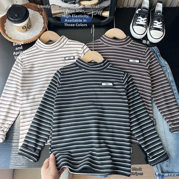 Berniškos dryžuotos ilgų rankovių marškinėliai su elastingumu, korėjietiško stiliaus, poliesterio mišinys, vaikams nuo 8 metų, žiema 2025