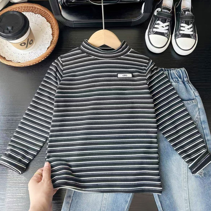 Fiúknak szánt csíkos, rugalmas hosszú ujjú felső koreai stílusban, poliészter-alapanyagú, 8 évesnél idősebb gyermekeknek, téli szezon 2025