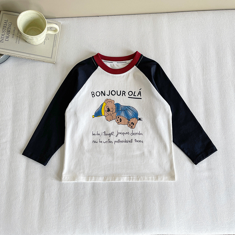 Dječji T-shirt s dugim rukavima, 100% pamuk, okrugli izrez, print karikatura i slova, korejski stil