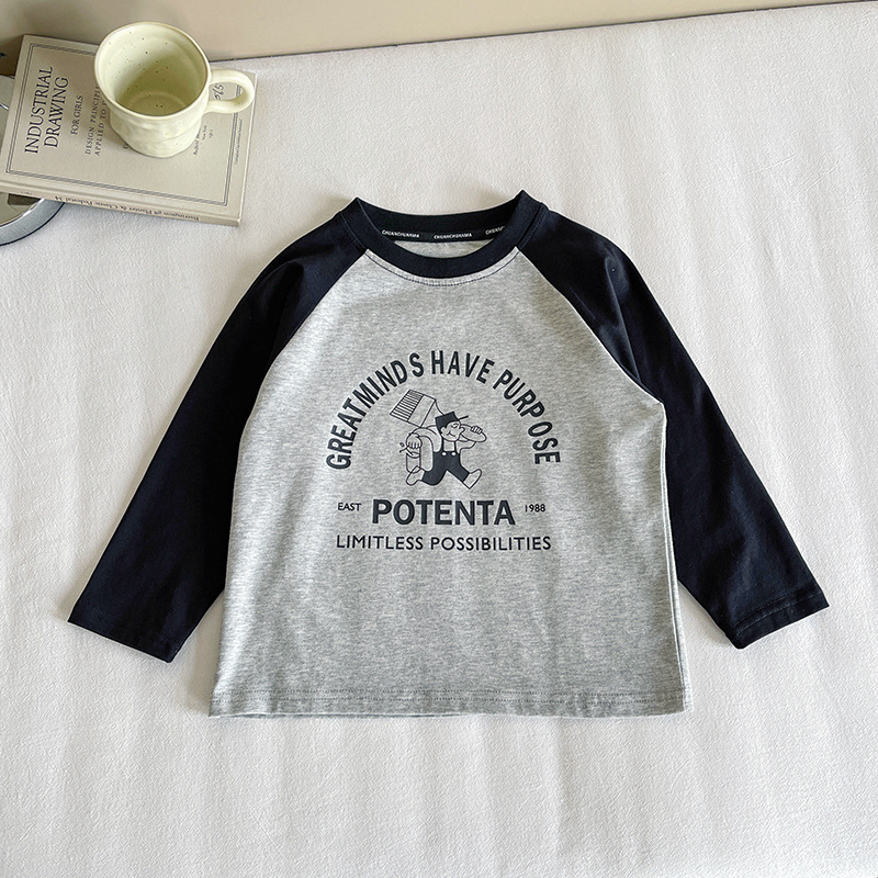 Dječji T-shirt s dugim rukavima, 100% pamuk, okrugli izrez, print karikatura i slova, korejski stil