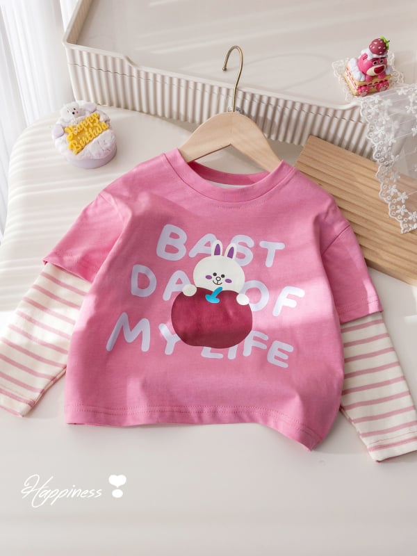 Dječja majica s dugim rukavima u korejskom stilu, pamuk, print s crtežima i prugama, okrugli izrez, odvodi vlagu, za djevojčice 3–8 godina (proljeće i jesen)