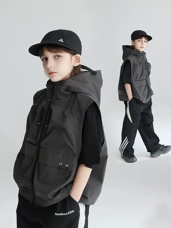 Vesta pentru copii cu glugă și buzunare multiple, din poliester, vară, pentru copii peste 8 ani