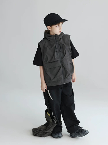 Vesta pentru copii cu glugă și buzunare multiple, din poliester, vară, pentru copii peste 8 ani