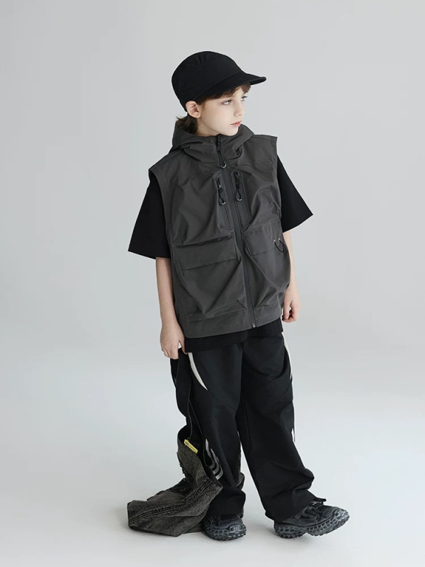 Vesta pentru copii cu glugă și buzunare multiple, din poliester, vară, pentru copii peste 8 ani