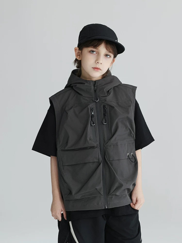 Vesta pentru copii cu glugă și buzunare multiple, din poliester, vară, pentru copii peste 8 ani