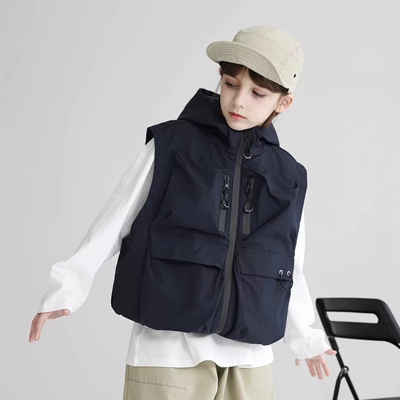 Vesta pentru copii cu glugă și buzunare multiple, din poliester, vară, pentru copii peste 8 ani