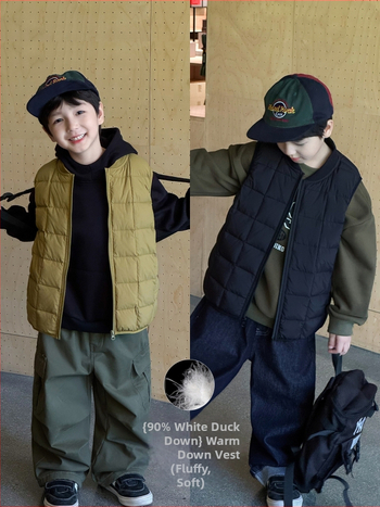 Laste vest talveks, Korea stiilis kardigan, ees lukuga, kapuutsita, ühetone muster, täidis: 80–90% goose down, polüester 95%, sobib 3–8-aastastele