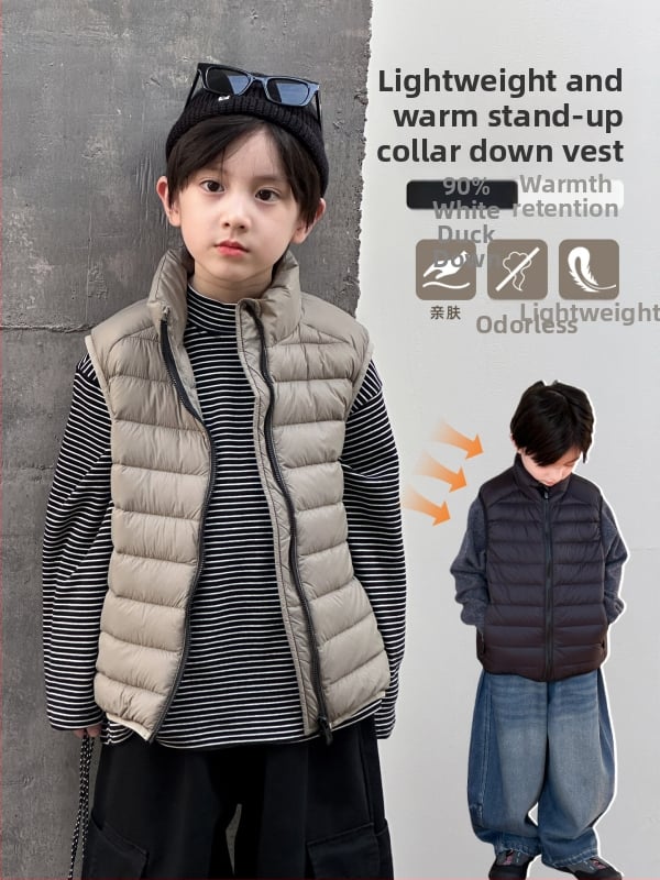 Gyerekek pufos mellény, kacsa tollal töltött, 81-85%, külső nylon anyag, ujj nélküli, cipzárral, koreai stílus