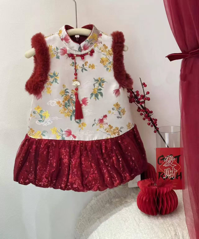 Mergaičių žiemos liemenė su gėlės raštu, poliesterio mišinio audinys