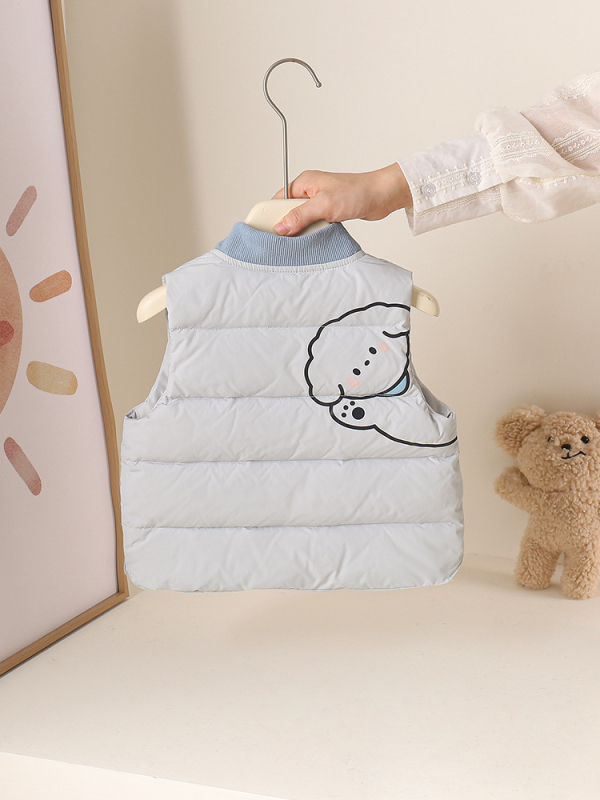 Gyerekek téli pehely mellény, ujj nélküli, rövid fazon, fehér kacsapuhával töltve, 86–90% puf, külső anyag 100% poliészter