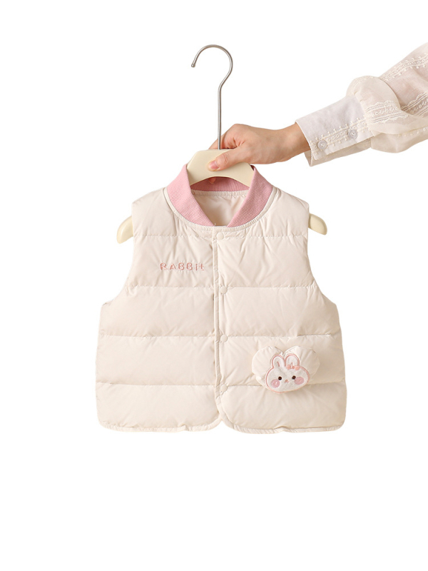 Gyerekek téli pehely mellény, ujj nélküli, rövid fazon, fehér kacsapuhával töltve, 86–90% puf, külső anyag 100% poliészter