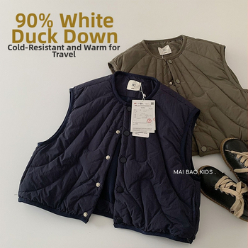 Gyermekeknek szóló tollas mellény, Koreai változat, fehér kacsa down töltés 95% feletti, vastag nylon külső, egyrendű gombos zárás