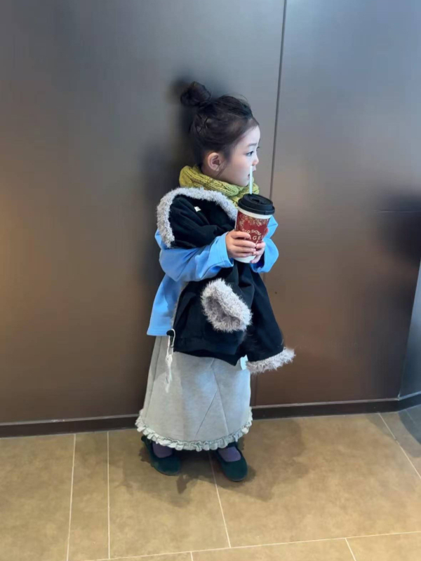 Vaikų žieminis medvilninis paltas su dirbtinės kailio apykakle, Korejos stiliaus, apvalus kaklo iškirpimas, užtrauktukas