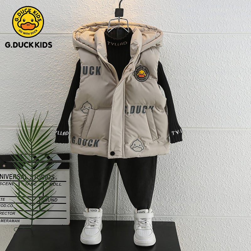 Gyerekeknek szóló pehelyes mellény - Koreai stílus, karikatúra mintával, fehér kacsa pehelytöltés, kapucnival, őszi–téli