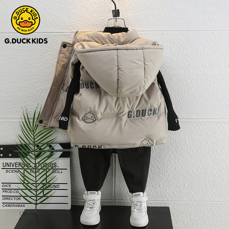 Gyerekeknek szóló pehelyes mellény - Koreai stílus, karikatúra mintával, fehér kacsa pehelytöltés, kapucnival, őszi–téli