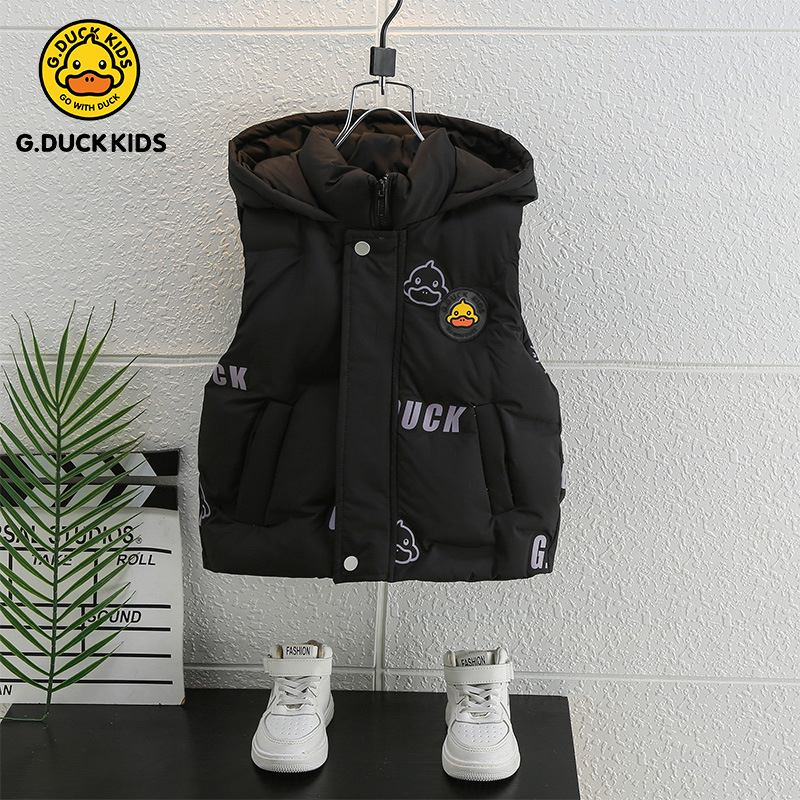 Gyerekeknek szóló pehelyes mellény - Koreai stílus, karikatúra mintával, fehér kacsa pehelytöltés, kapucnival, őszi–téli