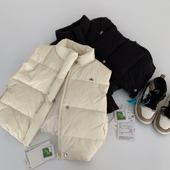 Gyermekeknek szóló tollmellény, uniszex, téli, ujjatlan, 95% fehér kacsa toll, külső anyag nylon, bélés poliészter, koreai stílus, zárás egy sor gombbal