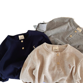 2026 nova dječja majica s dugim rukavima, izvezena waffle pletenina, okrugli izrez, unisex, korejski stil