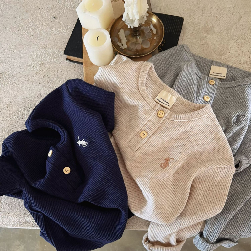 2026 nova dječja majica s dugim rukavima, izvezena waffle pletenina, okrugli izrez, unisex, korejski stil
