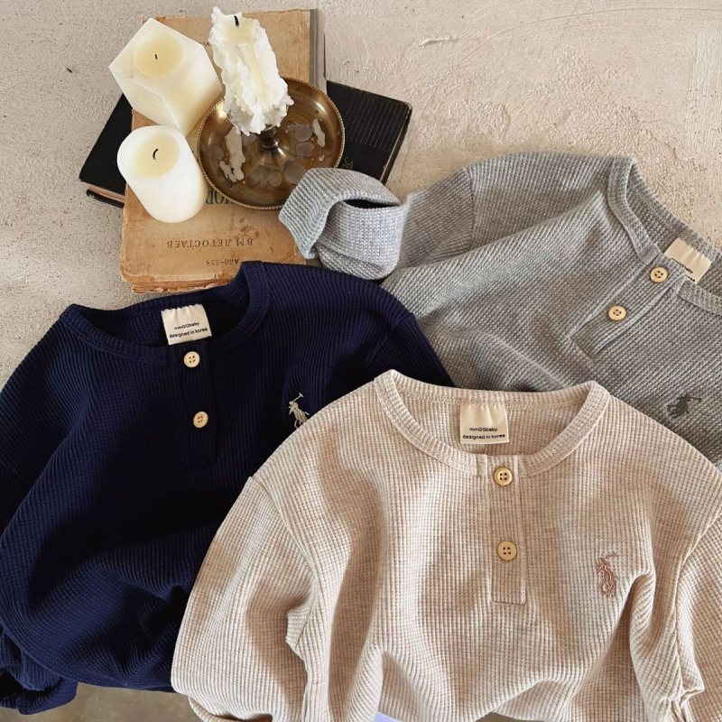 2026 nova dječja majica s dugim rukavima, izvezena waffle pletenina, okrugli izrez, unisex, korejski stil