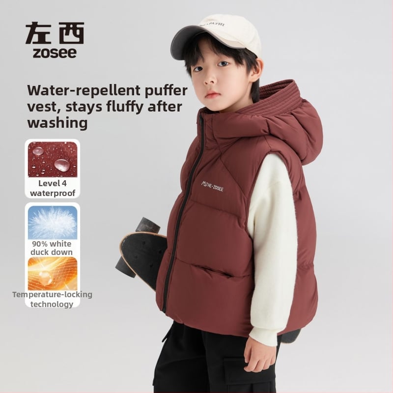 Gyerekeknek kapucnis tollas mellény, koreai stílus, poliészter külső, téli viselet