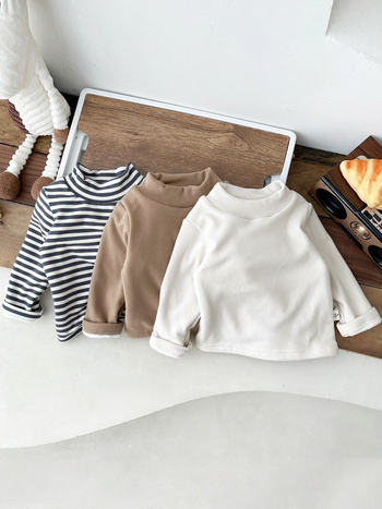 Tricou pentru copii cu mânecă lungă și guler înalt, bumbac 95%, finisaj moale, iarnă, stil lejer, model în dungi sau uni