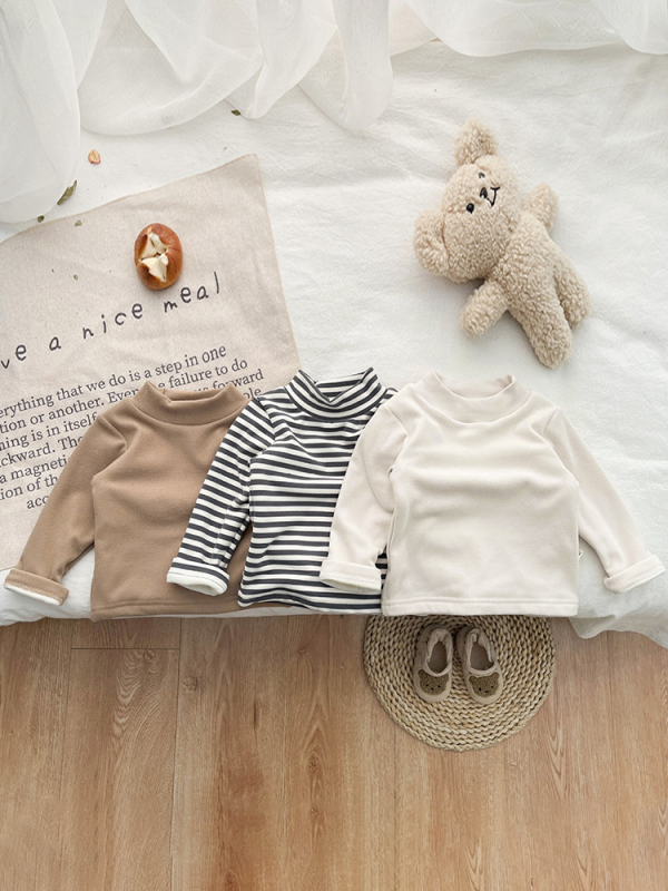 Tricou pentru copii cu mânecă lungă și guler înalt, bumbac 95%, finisaj moale, iarnă, stil lejer, model în dungi sau uni