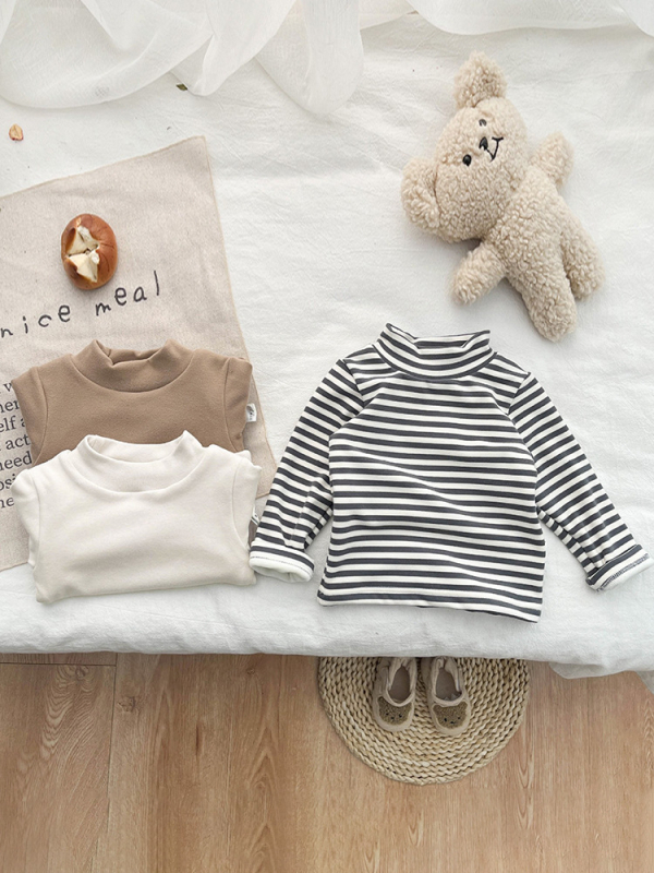 Tricou pentru copii cu mânecă lungă și guler înalt, bumbac 95%, finisaj moale, iarnă, stil lejer, model în dungi sau uni