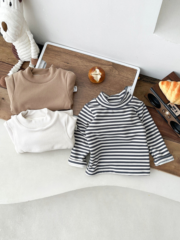 Tricou pentru copii cu mânecă lungă și guler înalt, bumbac 95%, finisaj moale, iarnă, stil lejer, model în dungi sau uni