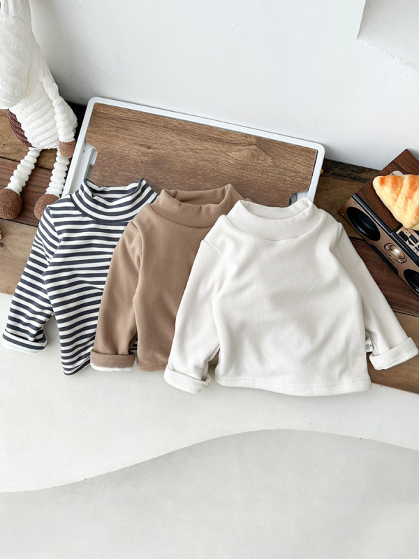 Tricou pentru copii cu mânecă lungă și guler înalt, bumbac 95%, finisaj moale, iarnă, stil lejer, model în dungi sau uni