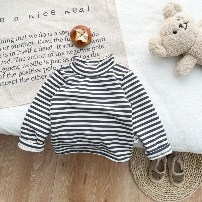 Tricou pentru copii cu mânecă lungă și guler înalt, bumbac 95%, finisaj moale, iarnă, stil lejer, model în dungi sau uni