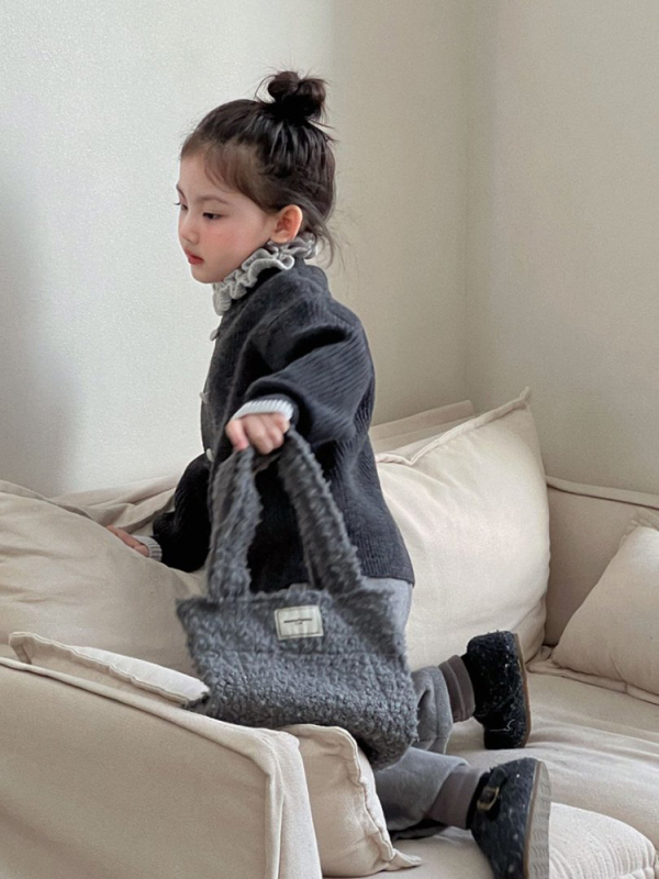 Dječji ženski zimski dvodjelni set u korejskom stilu s patchwork ovratnikom, debela vunena smjesa (80% akril), mekan materijal, dugi rukavi, bez kapucne, za dob 3–8 godina