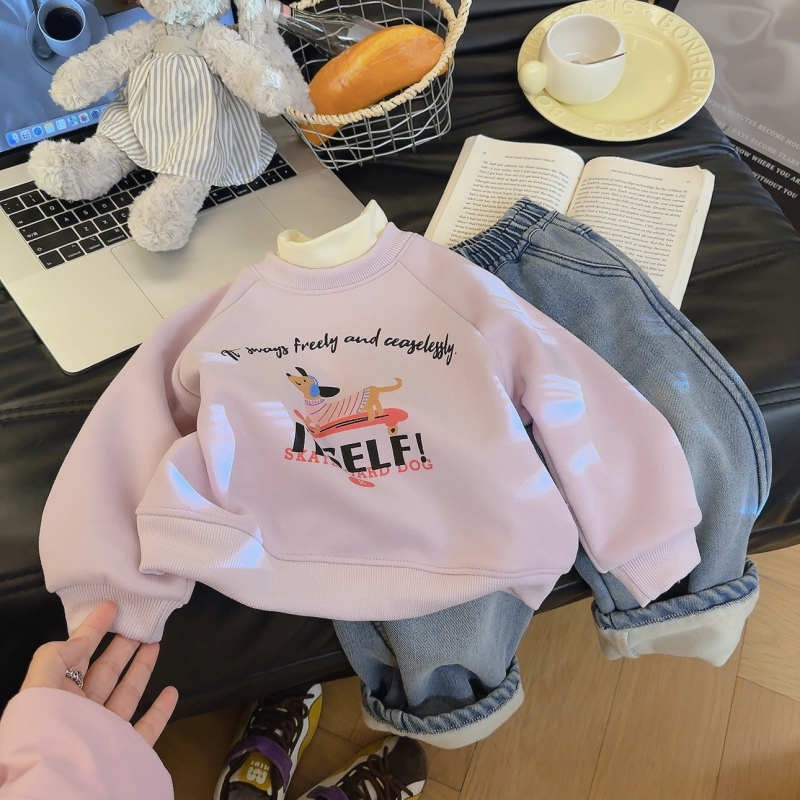 Dječji sweatshirt s crtanim slovima, visok ovratnik s flis unutrašnjom, zimski pulover, uzrast 3–8 godina