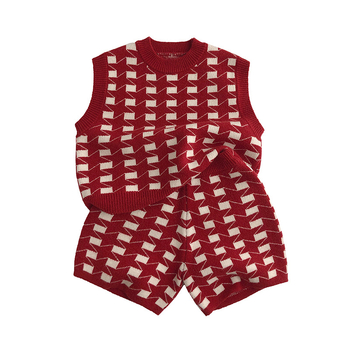 MTinyQueen Dječji dvodijelni set: pleteni vest bez rukava i šorc, korejski stil, karirani uzorak, akrilna tkanina, za djecu 3-8 godina