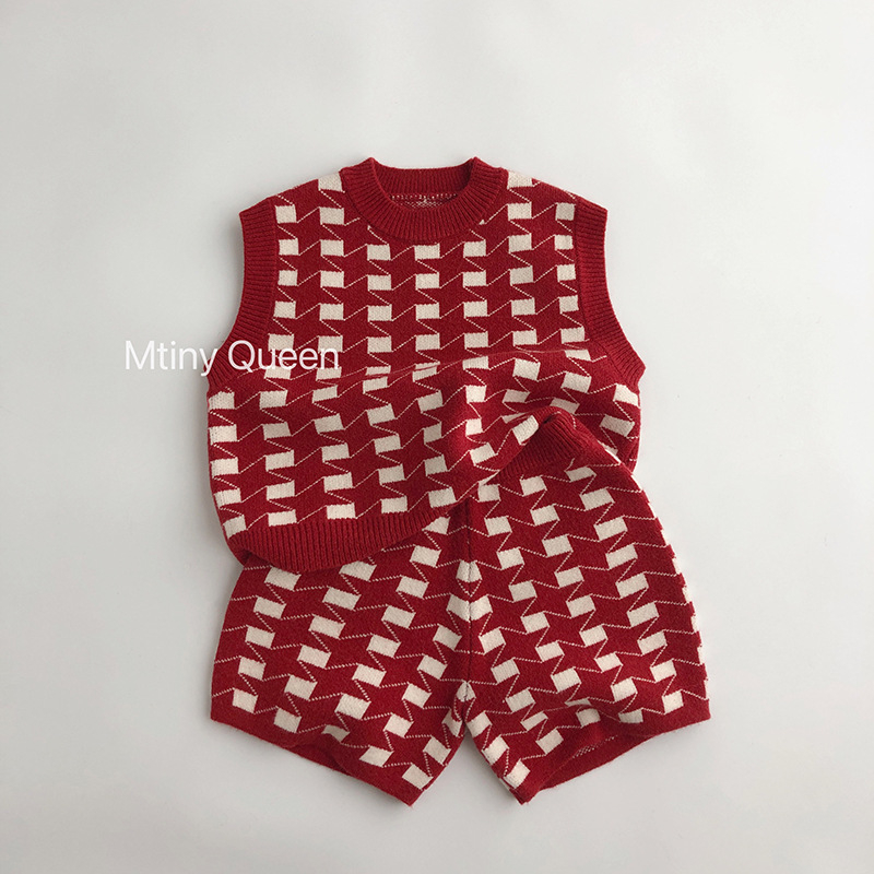 MTinyQueen Dječji dvodijelni set: pleteni vest bez rukava i šorc, korejski stil, karirani uzorak, akrilna tkanina, za djecu 3-8 godina