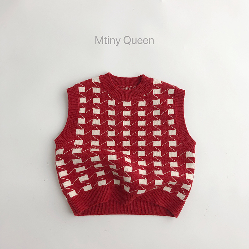 MTinyQueen Dječji dvodijelni set: pleteni vest bez rukava i šorc, korejski stil, karirani uzorak, akrilna tkanina, za djecu 3-8 godina