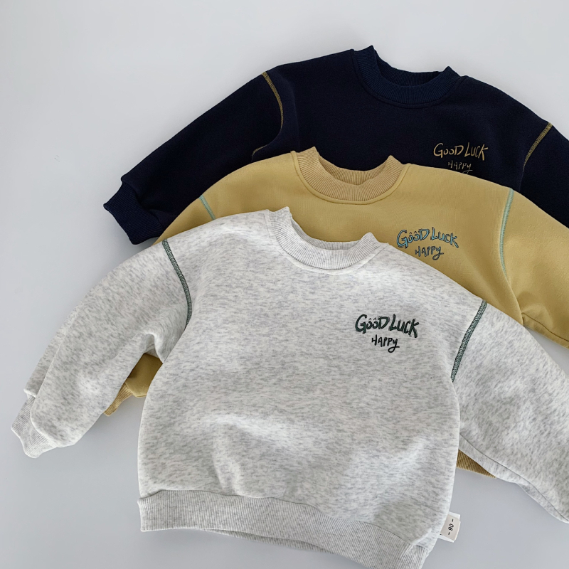 Dječji pulover s flisom iznutra, bez kapulje, s okruglim izrezom, unisex, s natpisom slovima, debeli zimski model
